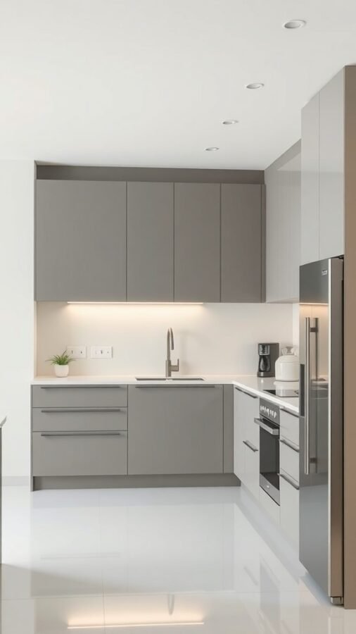 13 Awesome Home Decor Inspo to Transform Your Space 1 A minimalist kitchen with gray cabinets, white countertops, and modern appliances.