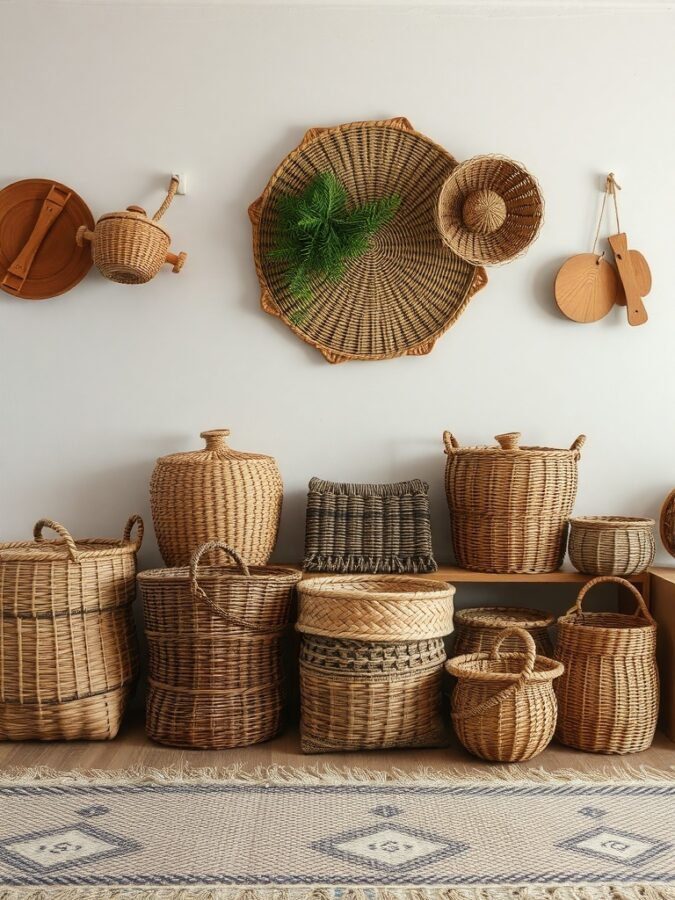 12 Charming Grandmacore Home Decor Items You Need to Try 12 A collection of woven baskets in various sizes and shapes, arranged on a shelf with some hanging on the wall, creating a cozy home decor vibe.