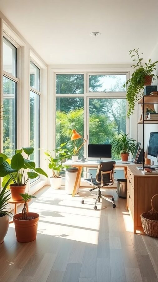 A bright small home office with large windows, plants, and a desk setup.