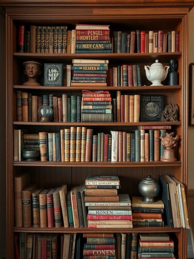 A vintage bookshelf filled with colorful books and decorative items.