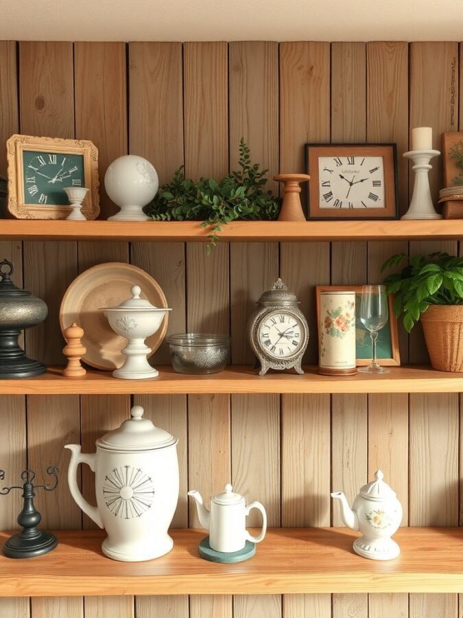 A shelf displaying various vintage decor items including teapots, clocks, and greenery against a wooden wall.