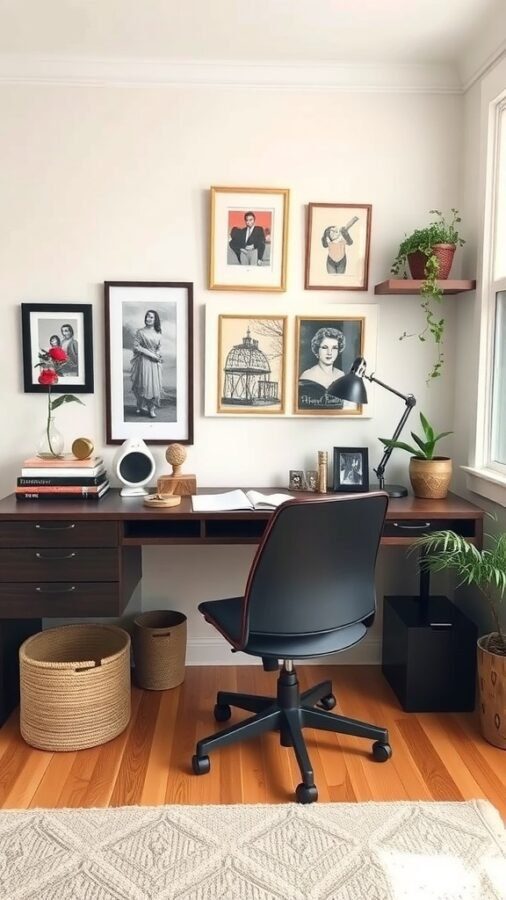 8 Essential Items for the Perfect Home Office Setup 8 A cozy home office setup featuring a wooden desk, two monitors, framed photos, and plants.