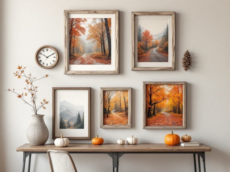 5 Cozy Fall Home Decor Ideas You’ll Love 1 Rustic wall art display featuring autumn-themed framed pictures, a clock, and decorative pumpkins on a wooden table.