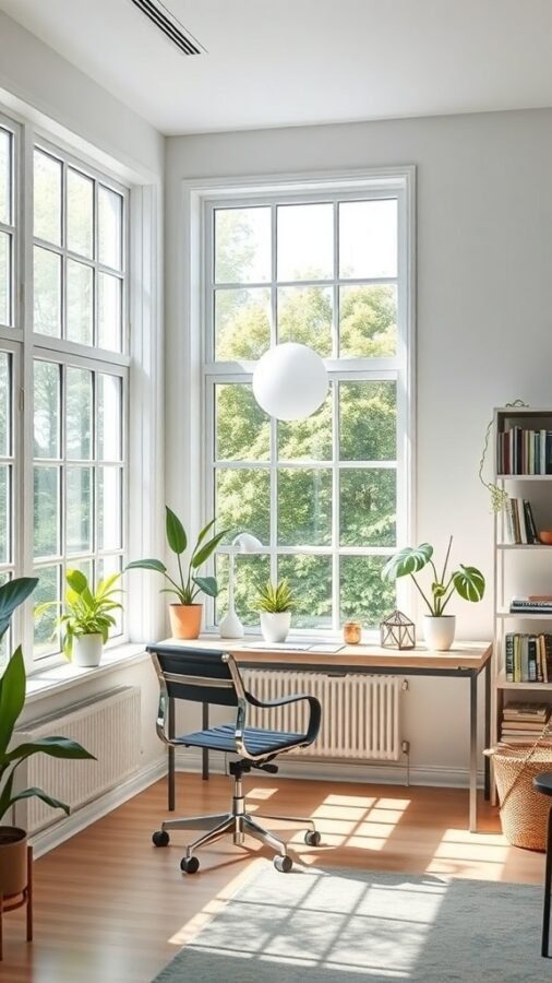 10 Must-Have Lighting Solutions for Your Home Office 5 A bright home office with large windows, plants, and a desk.
