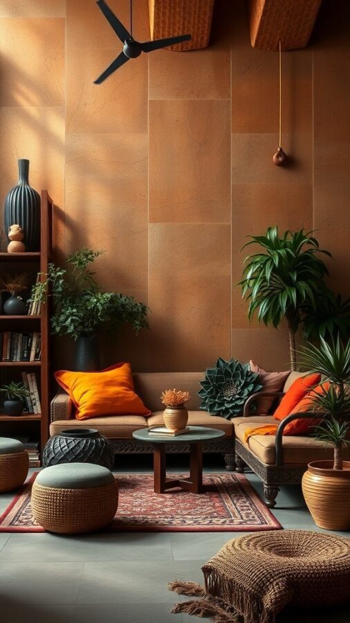 Cozy living room with earthy color palette, featuring terracotta walls, orange cushions, plants, and wooden furniture.