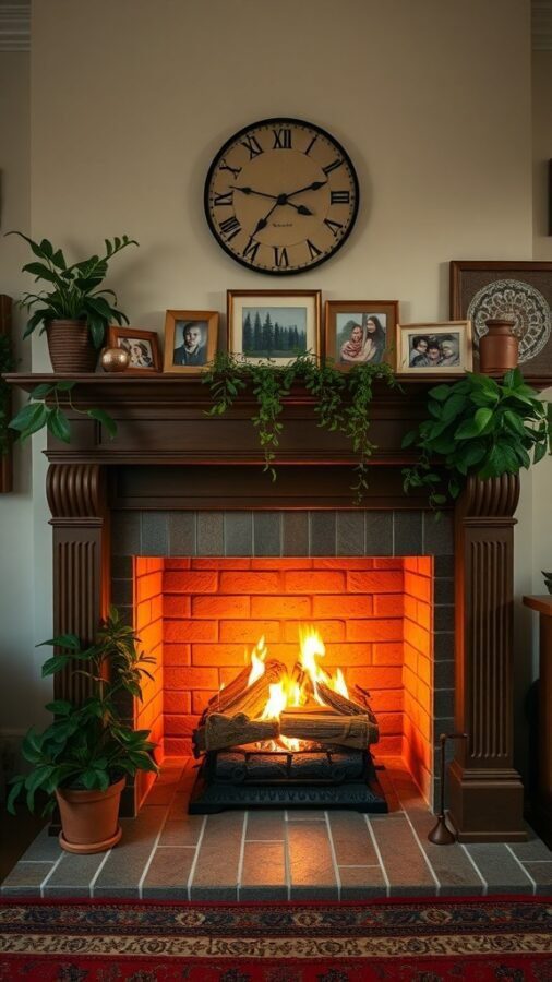 Cozy fireplace with flames, family photos on the mantel, and plants around it.