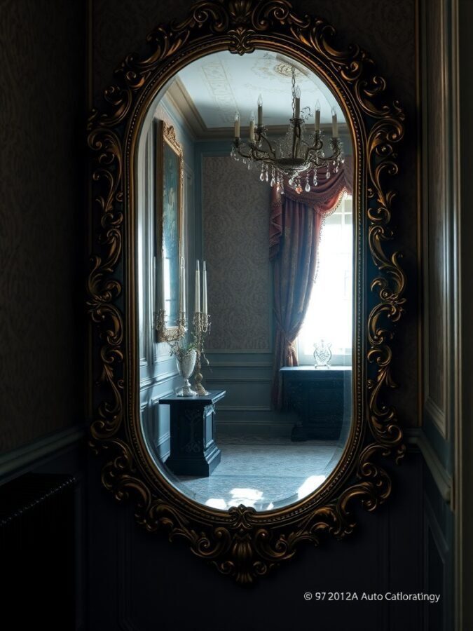 An ornate vintage mirror reflecting a beautifully decorated room with a chandelier and elegant furnishings.
