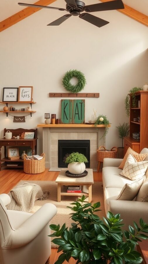 A cozy living room styled in chic farmhouse decor with wooden accents, greenery, and soft textures.