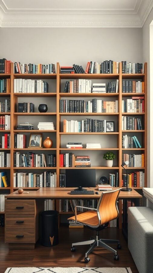 A stylish home office with wooden bookshelves filled with books, a desk, and a comfortable chair.