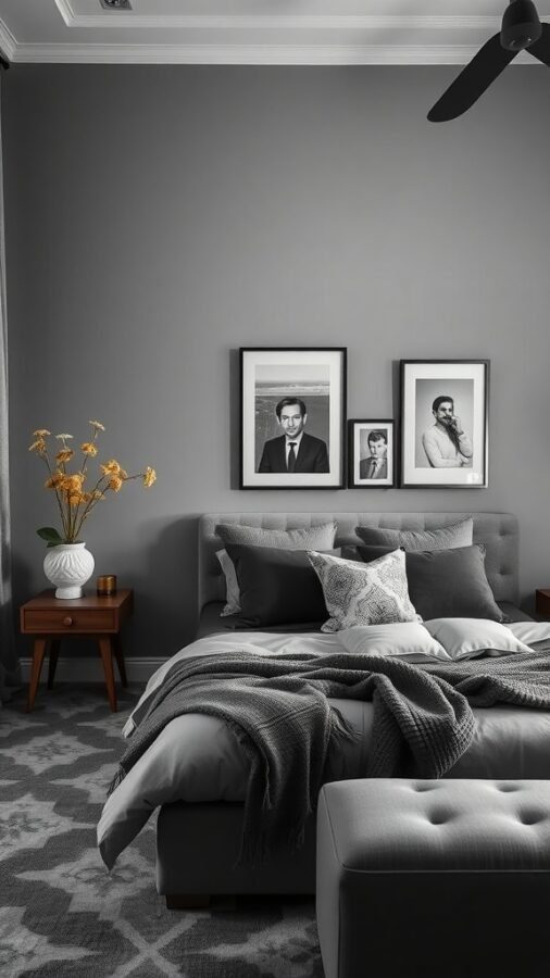A stylish grey bedroom featuring charcoal accents, layered bedding, and framed photos.