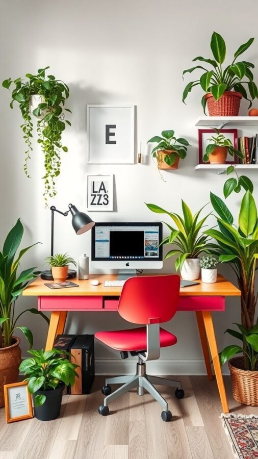 A colorful home office desk with various plants, a computer, and a modern chair.