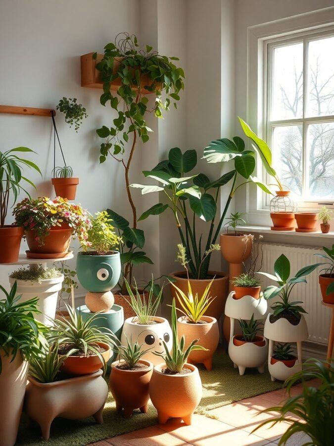 A bright room filled with various plants in uniquely designed pots, showcasing a creative plant display.