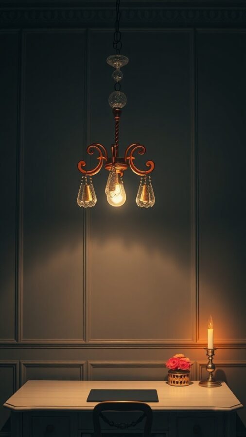 A stylish chandelier and candle on a desk in a feminine home office setting.