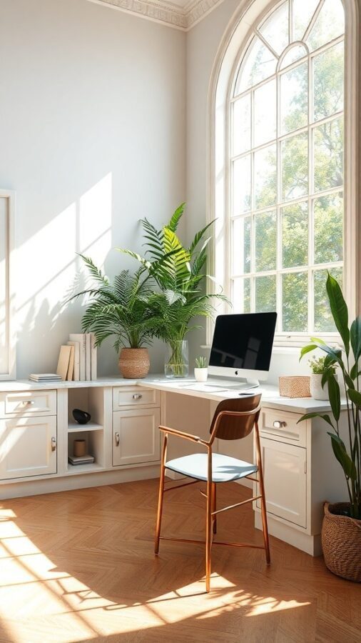 Bright home office with large windows, desk, and plants