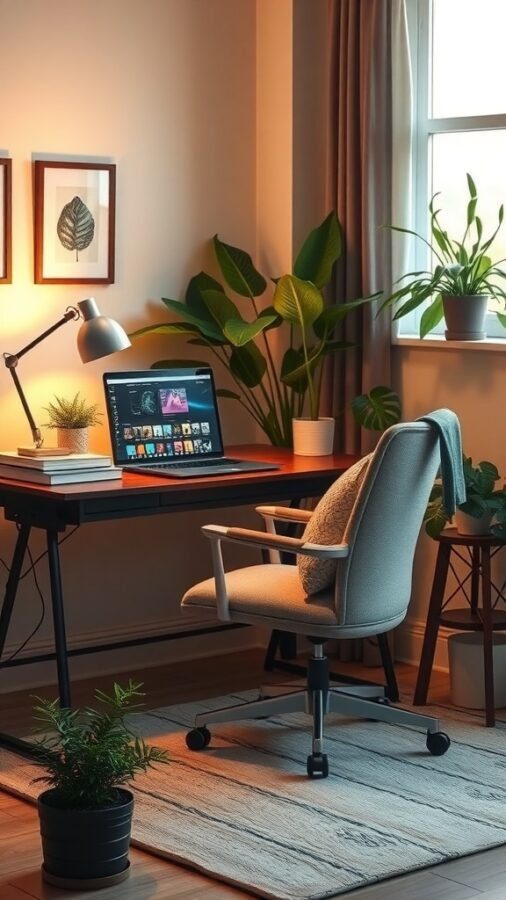 Cozy home office with a desk, computer, plants, and warm lighting.