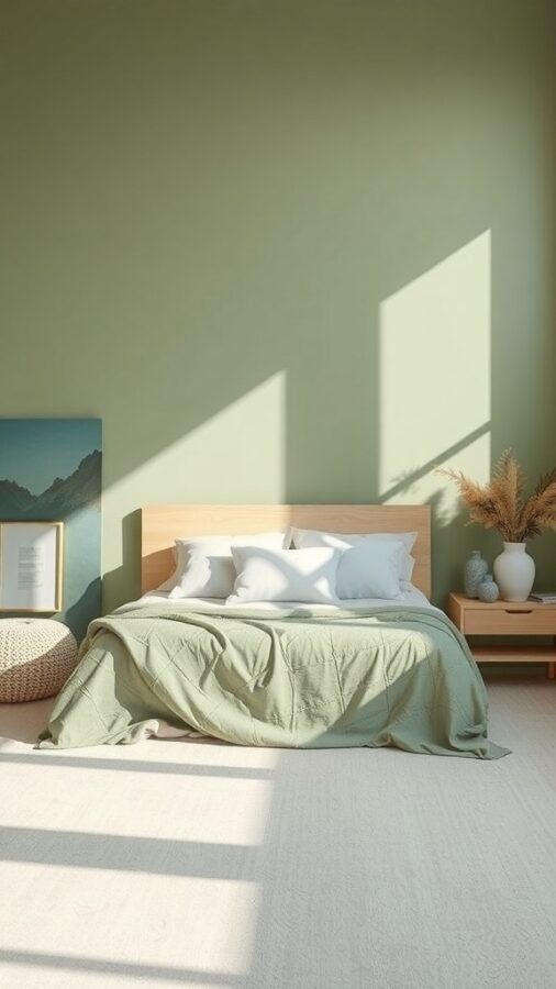13 Stunning Sage Green Bedroom Ideas for a Serene Retreat 9 A serene sage green bedroom with soft lighting, a cozy bed, and natural decor.