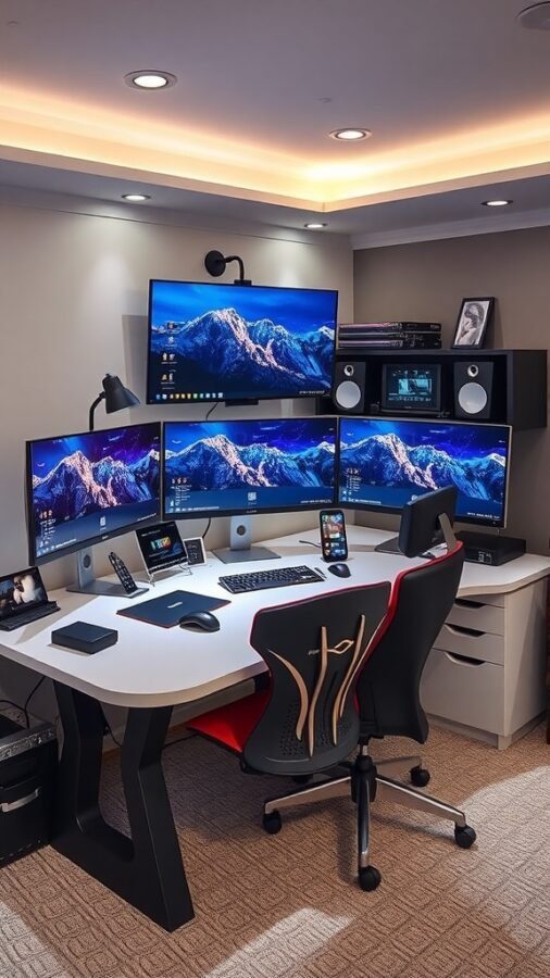 A modern tech-friendly workstation with three monitors, ergonomic chairs, and stylish LED lighting.