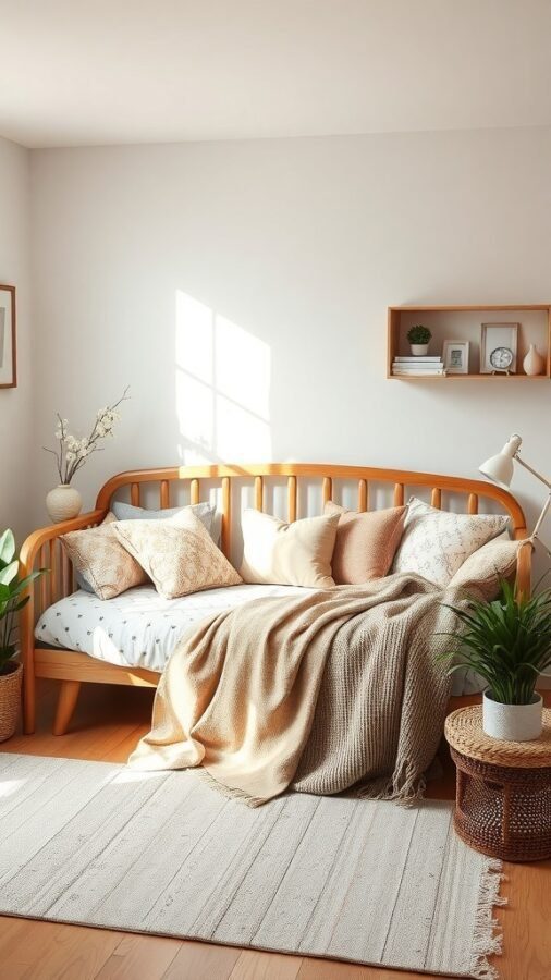 Cozy home office with a daybed, soft blankets, and cushions, featuring a light rug and plants.