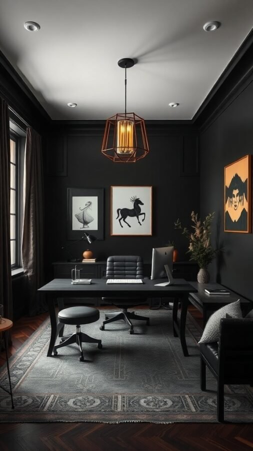 A moody home office with dark walls, a black desk, and stylish decor.