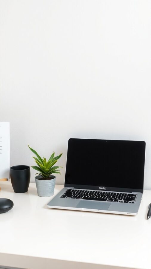 A clean and organized home office desk with a laptop, plants, and minimal clutter.