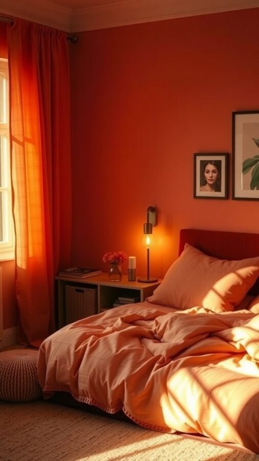 13 Essential Items for a Cozy Bedroom Retreat 4 A cozy bedroom featuring warm orange walls, soft bedding, and gentle lighting.