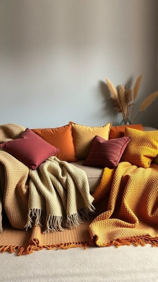 A cozy living room sofa with warm-colored pillows and textured throws, perfect for autumn decor.