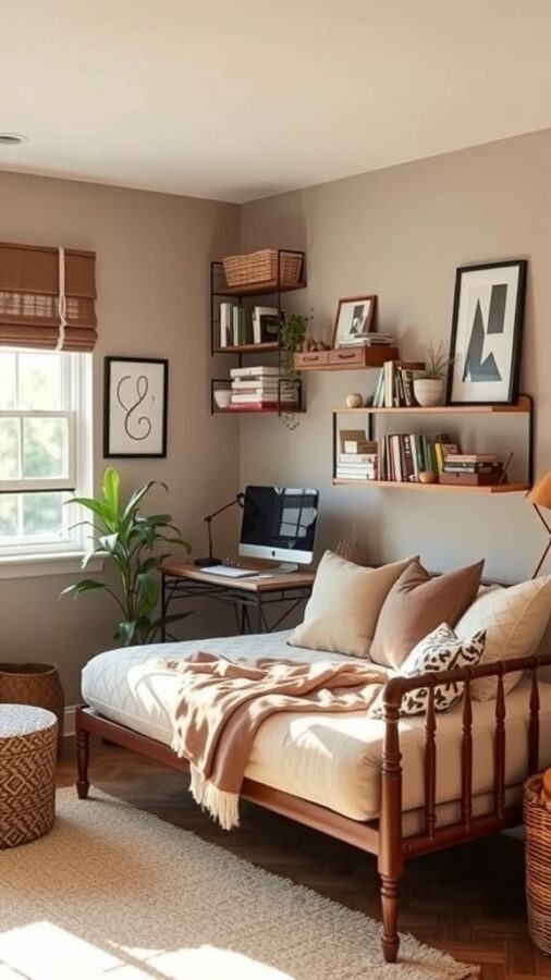 Cozy home office featuring a daybed, desk, and shelves with plants and books.