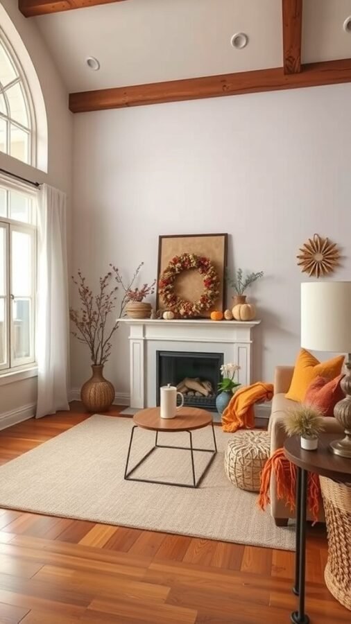 A warm transitional living room with a cozy seating area, a fireplace decorated with a wreath, and seasonal decor elements.