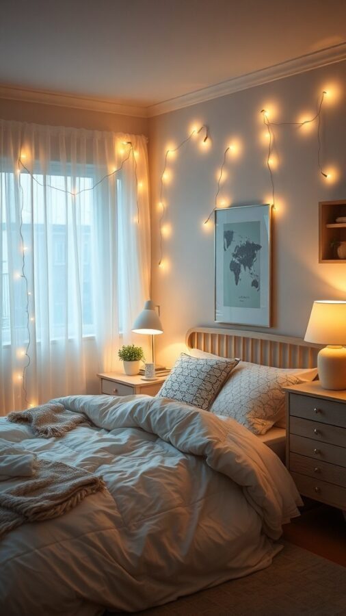 13 Essential Items for a Cozy Bedroom Retreat 3 A cozy bedroom with ambient lighting, featuring fairy lights, a bedside lamp, and soft bedding.