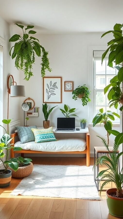 A cozy home office featuring a daybed surrounded by various indoor plants, creating a fresh and inviting atmosphere.