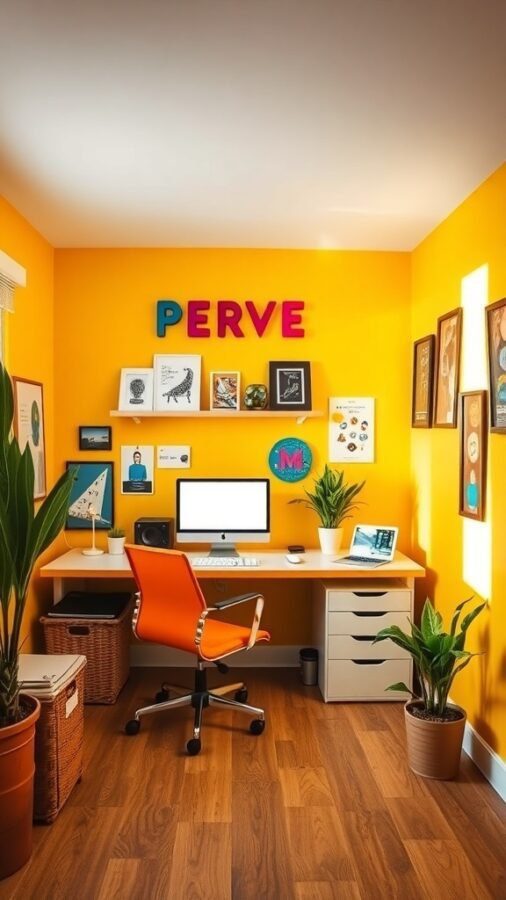 A bright home office with yellow walls, an orange chair, and decorative elements.