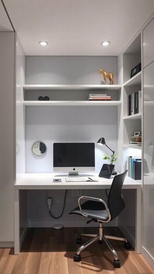 A modern home office built-in with a desk, featuring a computer, lamp, and decorative items on shelves.