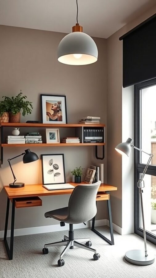 10 Stylish Elements for a Modern Home Office Upgrade 9 A modern home office featuring a pendant light, desk lamp, and a large window.