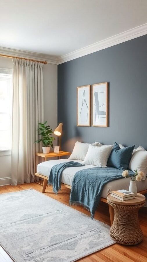 A cozy home office featuring a daybed, dark gray wall, light curtains, and blue accents.