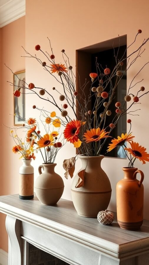 A collection of terracotta vases filled with colorful flowers on a mantel