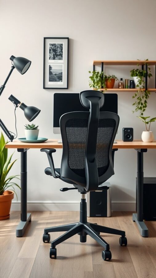 A modern home office setup featuring an ergonomic chair, desk, and plants.