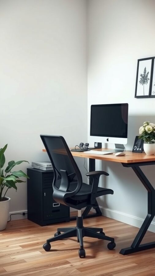 A modern ergonomic home office desk setup with a black chair, computer monitor, and a plant.