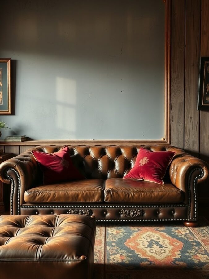 A leather sofa with red pillows in a gothic western styled room