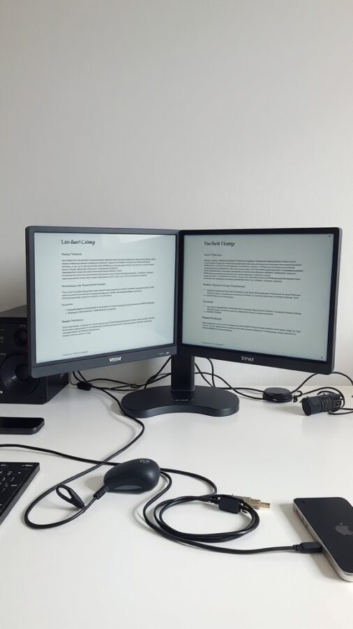 A double monitor setup with minimal visible cables on a clean desk.
