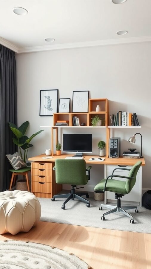 A modern home office with a wooden desk, green chairs, and decorative shelves.