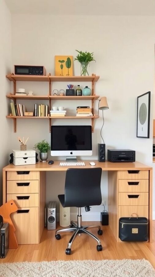 A small home office setup with a desk, computer, and organized shelves.
