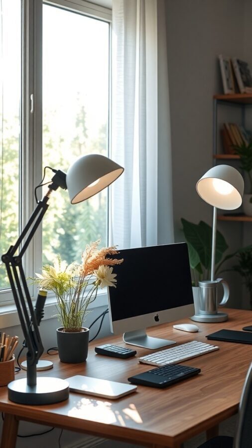 A modern home office with a desk, computer, and two lamps, featuring natural light from a window and decorative plants.