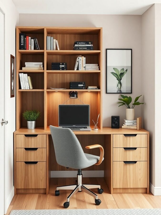A small home office setup featuring a desk with storage, a computer, and a stylish chair.