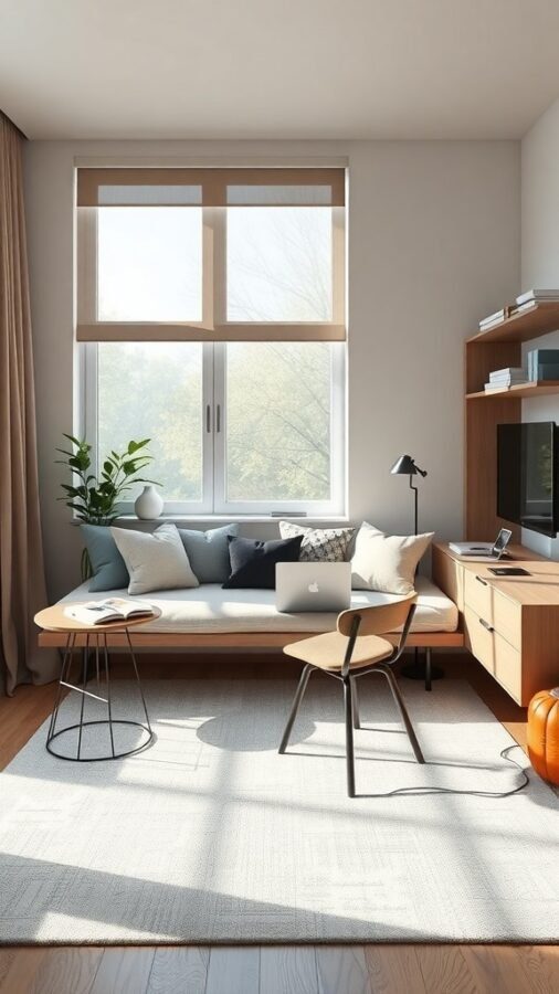 A modern home office featuring a daybed, desk with a laptop, and a cozy atmosphere.