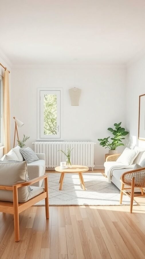 A bright Scandinavian style living room with neutral sofas, wooden furniture, and plants.