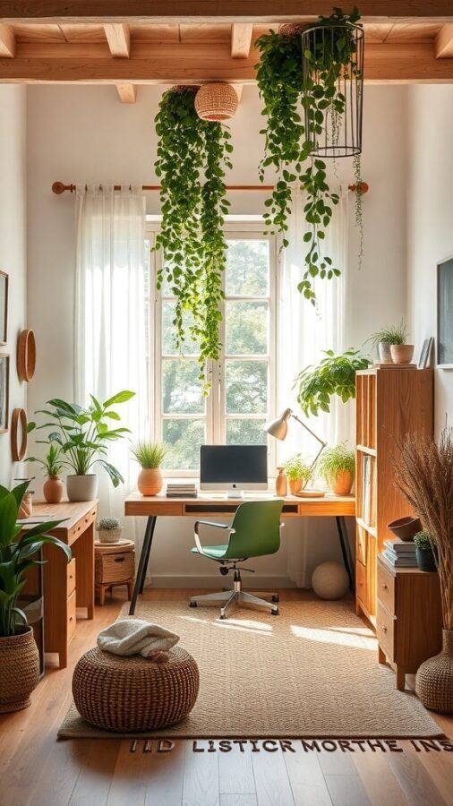 A bright home office with wooden furniture, hanging plants, and a large window.
