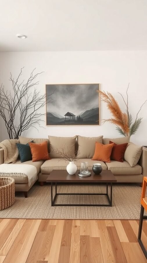 Cozy fall living room with natural accents, featuring a neutral sofa, autumn-colored cushions, and decorative branches.