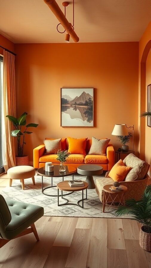 Cozy living room with earthy color palette featuring an orange sofa, green accents, and wooden furniture.