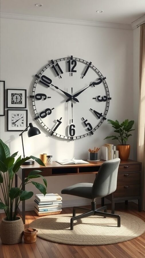 11 Inspiring Home Office Wall Decor Ideas to Boost Your Productivity 11 A stylish wall clock in a home office setting, featuring bold black numbers and a modern design.