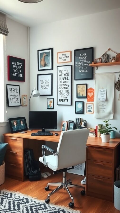 A cozy small home office with a wooden desk, computer, and decorated wall featuring framed quotes and images.
